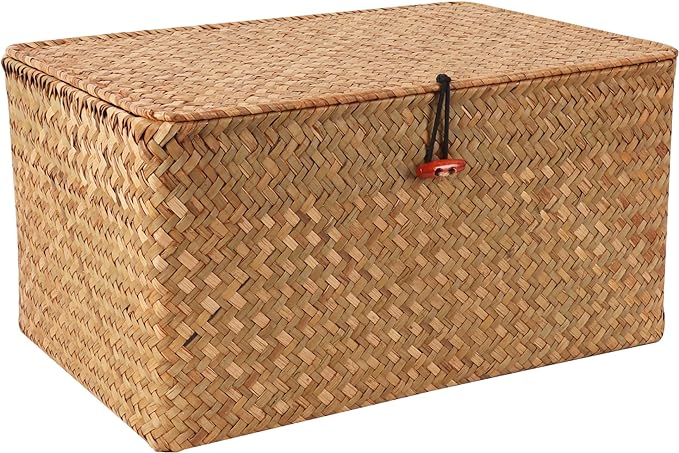 Wicker Shelf Baskets with Lid,Natural Seagrass Storage Basket Boxes Handwoven Rectangular Baskets Bins Multipurpose Home Organizer Decor (Large)