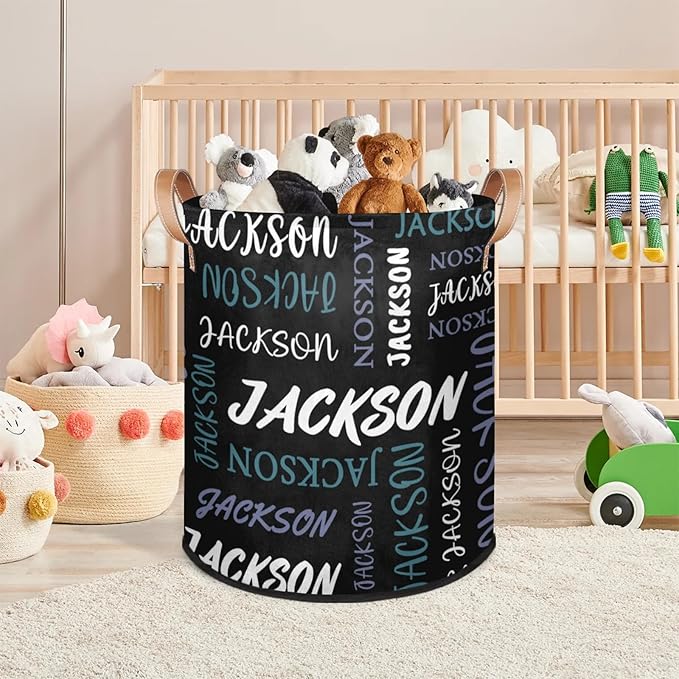 Custom Name Large Laundry-Basket for Kids-Boys-Girls, Personalized Foldable Waterproof Laundry Hamper Dirty Clothes Toys Storage Bin with Handles,Black