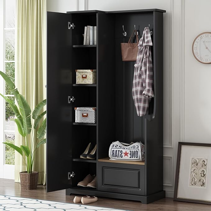 Versatile Design Hall Tree with Flip-Up Bench, 4-in-1 Minimalist Hallway Coat Hanger Shoe Cabinet with Adjustable Shelves, Entryway Coat Rack with Hanging Hooks for Entryways, Mudroom (Black-35)