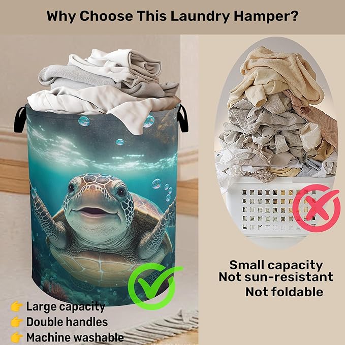 Cute Sea Turtle Foldable Canvas Laundry Basket with Handles - Toy Organizer, Heavy Duty for Home，Bedroom, Dorm, Bathroom