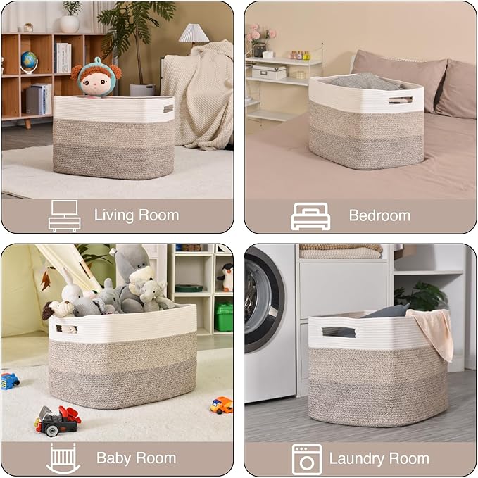 Extra Large Blanket Basket Living Room, Rectangle Storage Basket, Large Woven Baskets for Storage, Cotton Rope Basket for Toys, Clothes, Gradient Brown - 25”x16”x16” (105L)