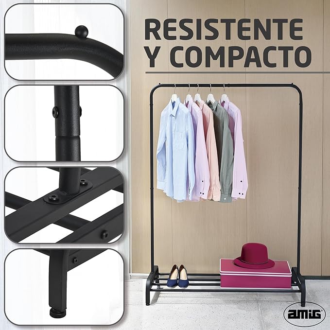 Amig - Ïken Clothes Rail | Organiser with Hanging Rail and Lower Shelf | 110x45x155 cm | Matte Black Metal | Ideal for Bedroom, Hallway, or Entryway