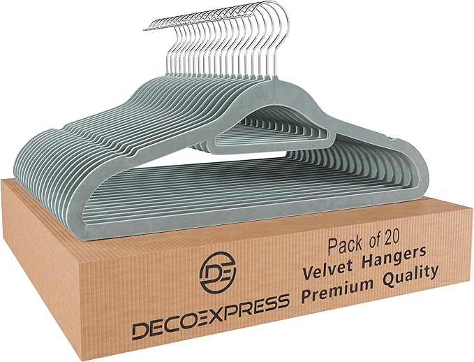 Deco Express Velvet Hangers, Space Saving Non Slip Coat Hangers for Clothes Multipack (Grey, 20 Pack)