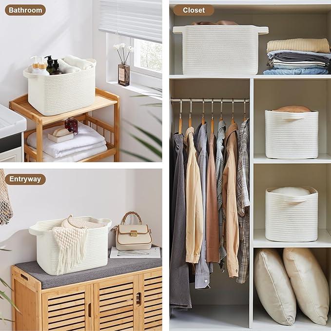 Storage Basket for Organizing, Woven Baskets for Storage, Rectangle Decorative Baskets for Shleves, Closet, Toys, Books, Nursery Organizer Bins - Pack of 3 (White, 13"x9.85"x8.7")
