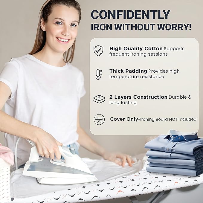 Ironing Board Cover and Pad 15"x54" Extra Thick Natural Cotton, Scorch and Stain Resistant Padding, Standard Size Iron Board Cover with Fasteners Heavy Duty Elastic Edge, Heatproof Boomerang