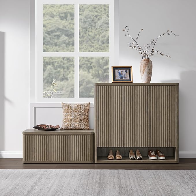 SICOTAS Storage Bench 80.4" Wide Shoe Bench with Lift Top Large Wooden Storage Chest Trunk Modern Blanket Chest with 4 Safety Hinges & Seating for Bedroom Entryway Living Room Hallway