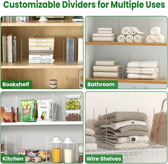 Shelf Dividers for Closet Organization - 4 Pack 10" Tall X 8.4" Deep Acrylic Adhesive Separators, 30s Tool-Free Install, Clear Vertical Closet Dividers for Clothes, Handbags & Towels