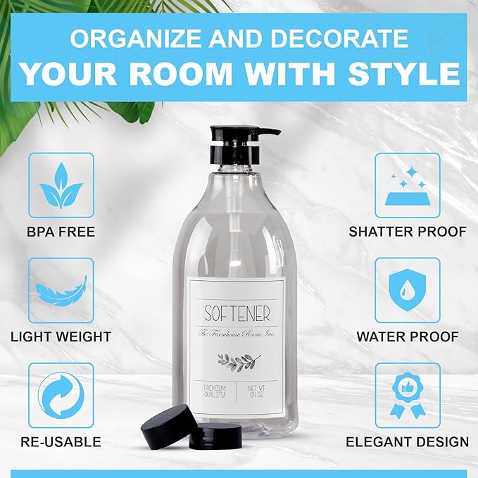 Fabric Softener Liquid Dispenser - Softener Container for Laundry Room Organization - BPA Free & PET Plastic 1/2 Gallon Pump Bottle Dispenser - w/Waterproof Labels 64oz