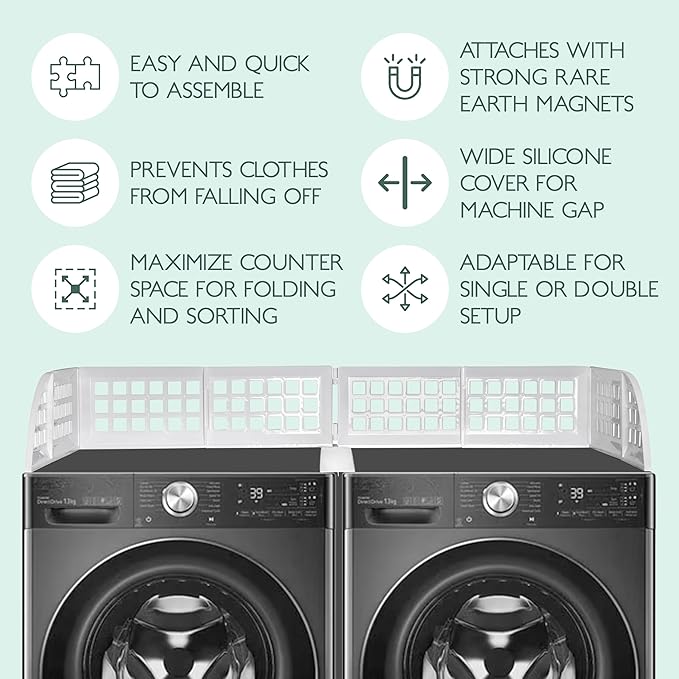 Eltow Laundry Guard with Silicone Gap Cover – Magnetic Fence for Washer and Dryer with 8 Strong Magnets – Prevents Clothes from Falling – Fits Most Machines – Laundry Room Accessory (White)