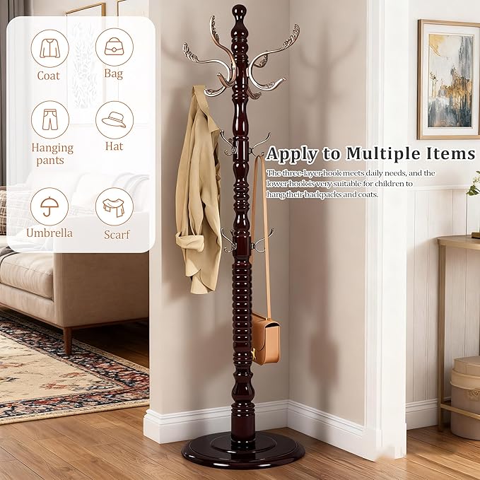 73”Vintage Wooden Coat Rack，With 14 Hooks and Sturdy Round Base.Sturdy and Durable Standing Coat Racks，Adjustable Wooden Freestanding Coat Rack for Porch，Bedrooms (Metal, 1 PCS)