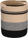 Sea Team Large Size Cotton Rope Woven Storage Basket with Handles, Laundry Hamper, Fabric Bucket, Drum, Clothes Blankets Organizer for Kid's Room, 18 x 20 inches, Round Open Design, Flaxen & Black