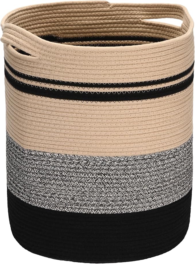Sea Team Large Size Cotton Rope Woven Storage Basket with Handles, Laundry Hamper, Fabric Bucket, Drum, Clothes Blankets Organizer for Kid's Room, 18 x 20 inches, Round Open Design, Flaxen & Black
