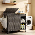Laundry Hamper with Lid, 160L Rattan Wicker Laundry Basket with Wheels, Handwoven Laundry Hamper 2-Section with Storage shelf(42.3 Gal), Laundry Sorter Basket with Removable Liner, Grey HLH032G
