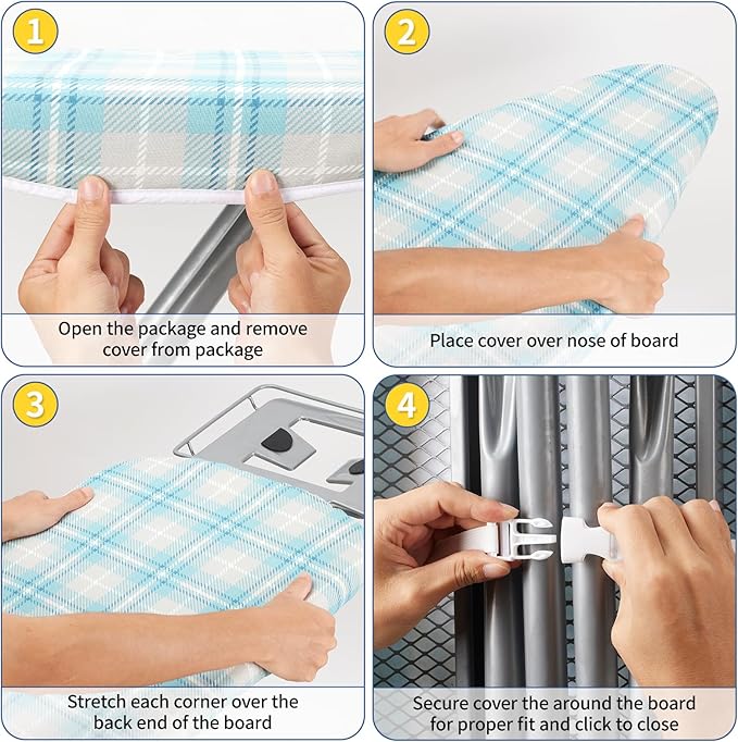 BNDX 18"x49" Ironing Board Cover for Laundromats– Aqua Plaid Pattern, Thick Padding with Bongee Cord & Dual Buckles, Stain & Scorch Resistant, Easy Fit