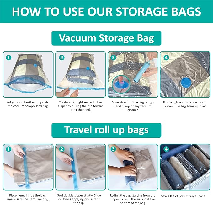 Space Saver Storage Bags, (2 Jumbo/2 Large/3 Medium/3 Small/6 Roll) Compression Vacuum Sealer Bags for Comforters, Blankets, Clothes Storage, Hand Pump Included, 16 Pack