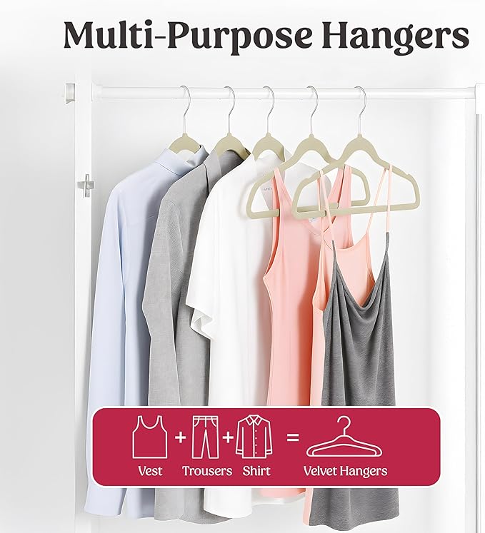 LDC Ivory Velvet Hangers 100 Pack - Premium Non-Slip Clothes Coat Pants Felt Hanger for Closet - Heavy Duty Space Saving 360° Swivel Hook Hangars – Ivory