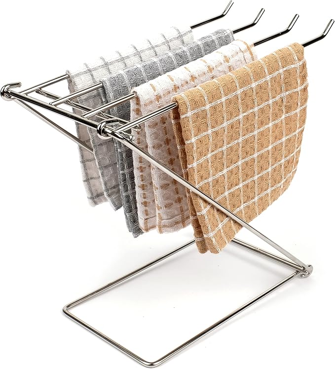 LENITH Stainless Steel Washcloth Holder Dish Rag Cloth Holder, 4 Arms Folding Towel Drying Rack for Kitchen countertop Bathroom, Hand Towel Stand Rack, Silver