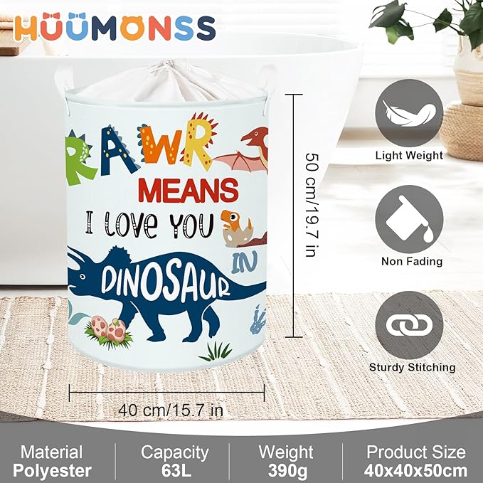 Dinosaur Laundry Hamper Large Storage Basket Cartoon Dino Collapsible Parents Organizer Kids Toy Clothes Bins for Bedroom, Bathroom, Boho Words, 63L