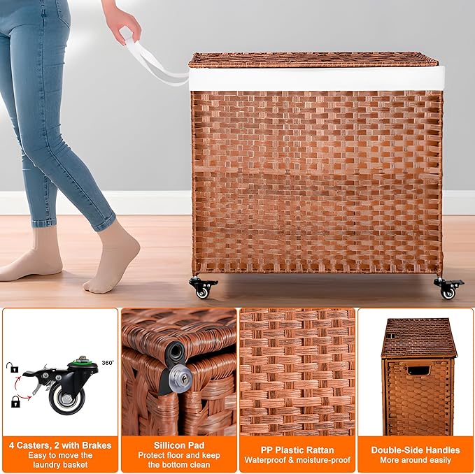 HYCHIKA Laundry Hamper with Lid and Wheels, 42.26 Gallon (160 L) Wicker Laundry Basket with Removable Bags and Handles, 2 Sections Woven Clothes Basket for Bedroom, Bathroom (27.6" * 13.4" * 26.4")