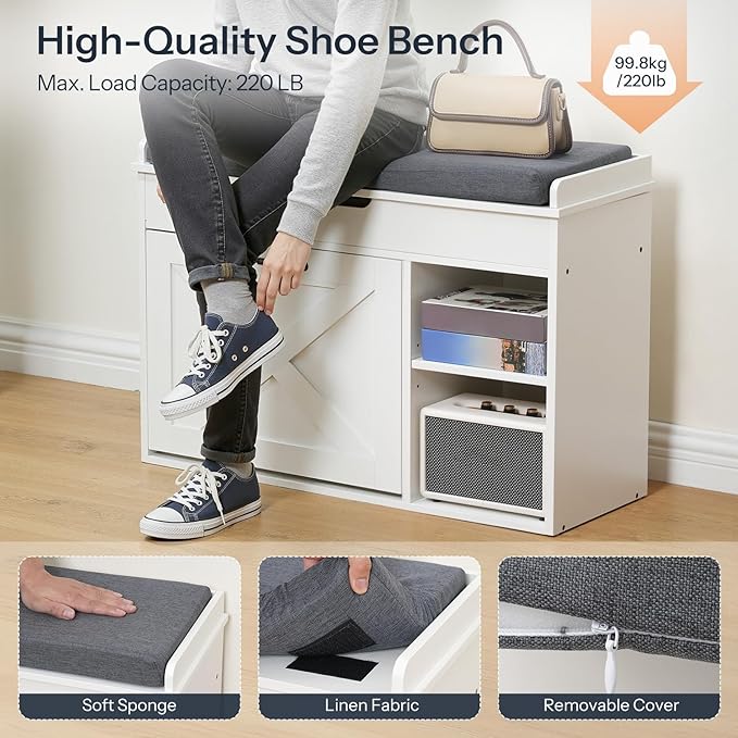 HOOBRO Shoe Storage Bench with Flip Drawer, 31.5" L Entryway Bench with Flip-Open Storage Box, Wooden Shoe Organizer with Padded Seat Cushion, Adjustable Shelf, for Hallway, WG55HX01