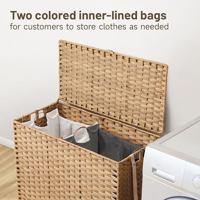 Laundry Hamper with Wheels, 39.6 Gallon(150L) Rolling Laundry Basket with Lid, Removable Large 2 Color Liners & 3 Mesh Laundry Bags, Clothes Hamper with Side Pocket, Natural
