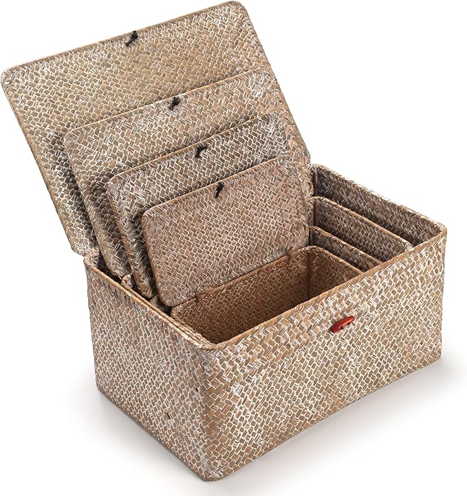 4 Pack, Wicker Baskets with Lids, Nautral Seagrass Storage Baskets, Wicker Storage Baskets for Organizing, Rustic Rectangular Storage Basket, Rattan Storage Organizer for Shelf Whitewash