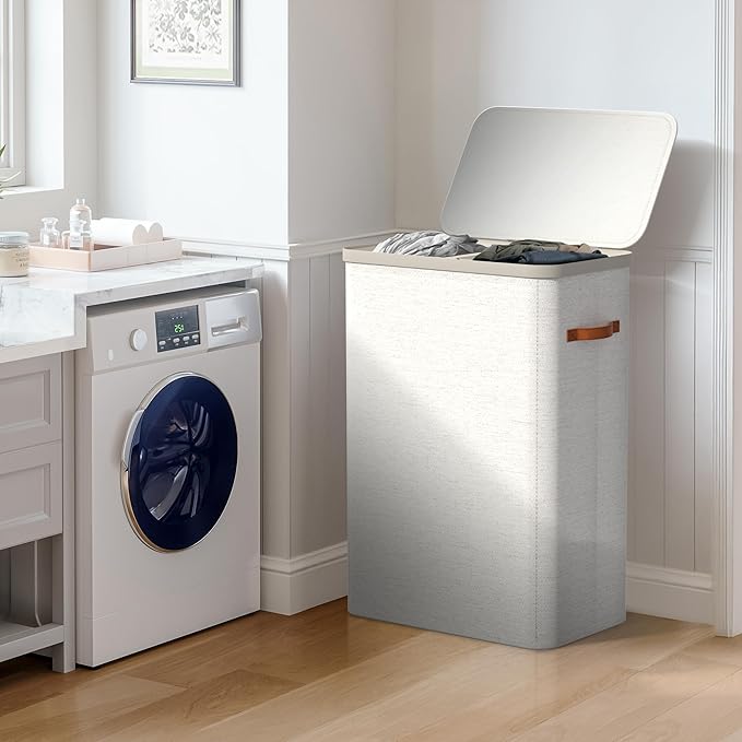 Sorbus Laundry Hamper with Lid - Collapsible 2-Compartment Fabric Laundry Basket with Handles and Removable Laundry Bag – 45 Gallon (170 L) Dirty Clothes Hamper for Bedroom, bathroom and dorm (Beige)