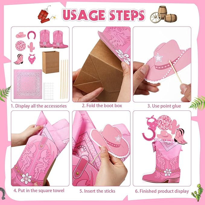8 Sets 129 Pcs Pink Cowboy Western Party Centerpieces with Cowboy Boots Shaped Box Cutouts and Sticks for Western Party Birthday Decor
