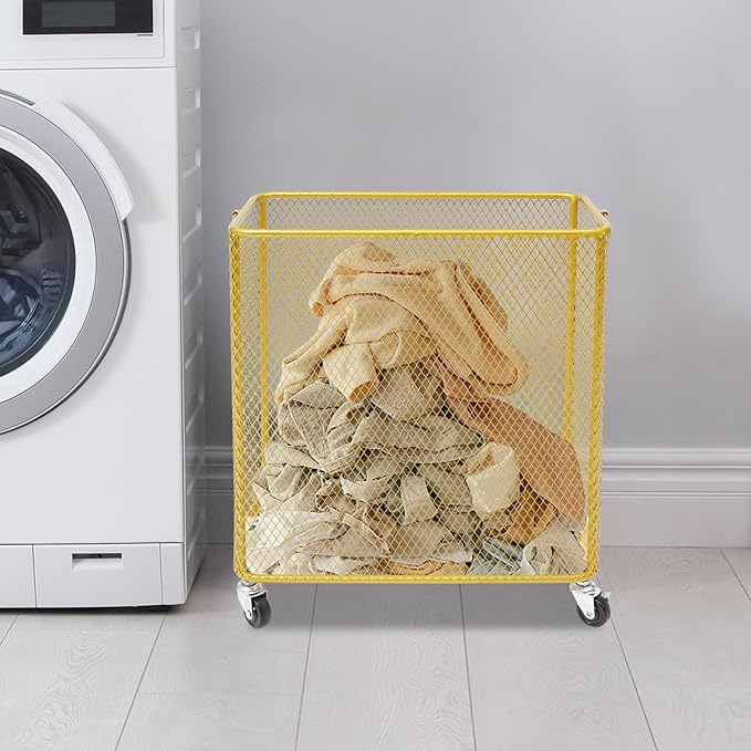 Wire Metal Rolling Laundry Basket On Wheels,Gold Mesh Wire Laundry Basket Storage Cart for Bathroom Bedroom Dirty Clothes Storage (I)