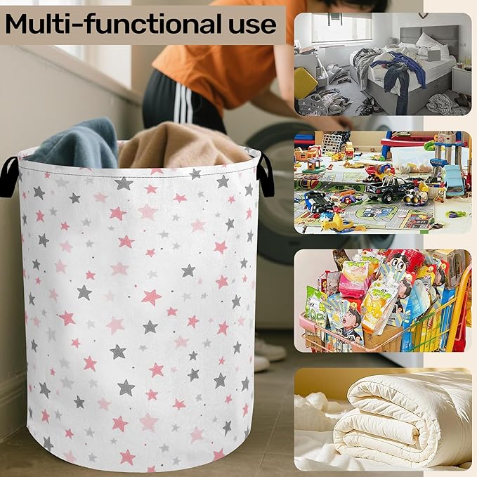 Cute Pink Stars Foldable Canvas Laundry Basket with Handles - Toy Organizer, Heavy Duty for Home，Bedroom, Dorm, Bathroom