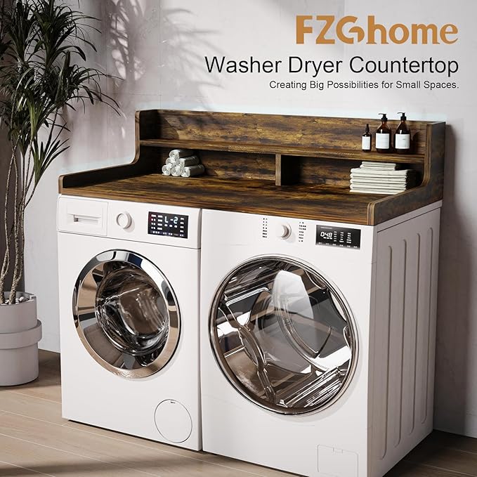 Washer Dryer Countertop, 54" x 27.55" 2-Tier Washer Dryer Topper with Edge, for Laundry Room Organization Rustic Brown