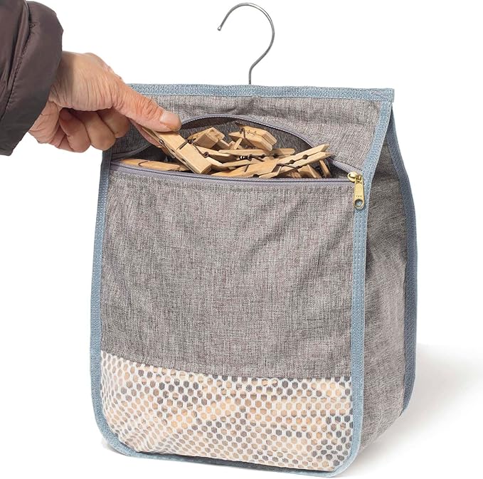 Laundry Clothespin Bag for Clothesline Outdoor, Clothes pin Bag with Zipper Closure, Large Opening, Large-Capacity Clothespin Storage Organizer with Hooks, Use YKK Zipper（Grey