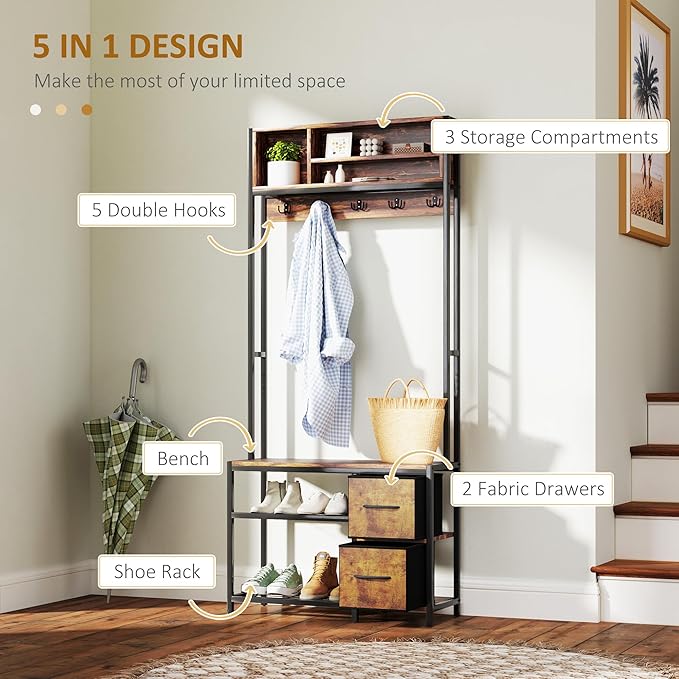 HOMCOM Hall Tree with Bench and Shoe Storage, 5-in-1 Entryway Bench with Coat Rack, 3 Storage Compartments, 5 Coat Hooks, 2 Fabric Drawers, Distressed Dark Brown