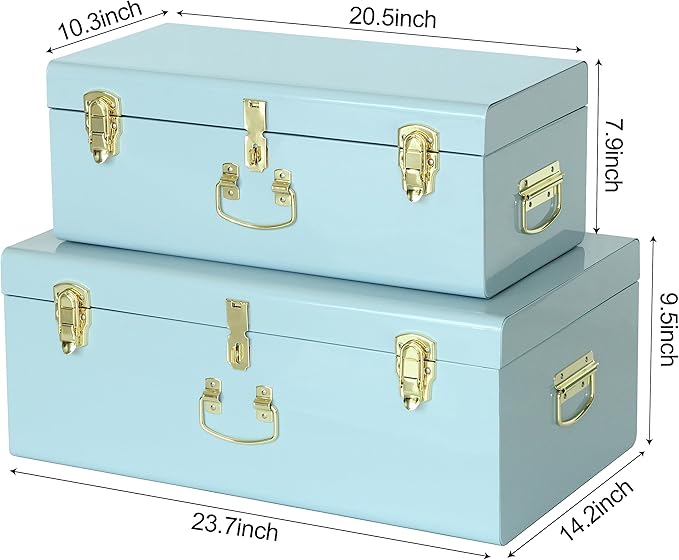 Vixdonos Metal Trunk Decorative Storage Box Set of 2 College Dorm Chest with Handle (Light Blue)