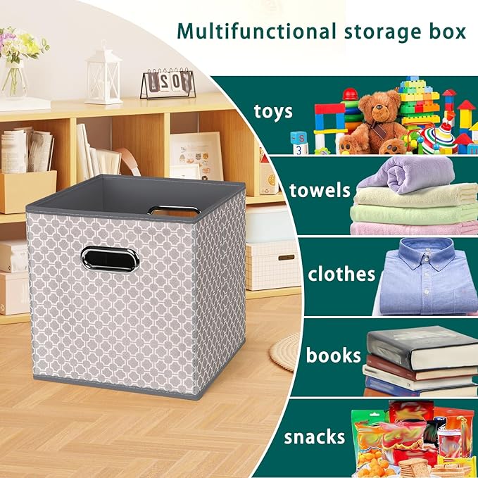 Fabric storage bins Cubes, Fabric Cube Organizer with Handle, Foldable Cube Bins for Cloth or Accessary Storage, 11x11x11, Set of 3, (Light Grey)