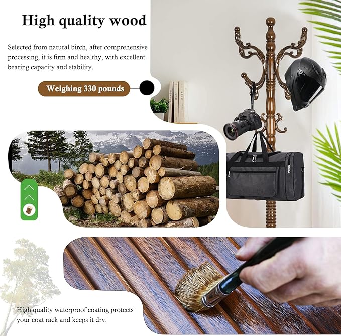 Coat Rack Stand, Solid Wooden Coat Tree with 14 Hooks, Heavy Duty Coat Rack Freestanding with Sturdy Round Base, Natural Birch Wood Coat Hanger Stand for Entryway Bedroom (Light Brown H9)