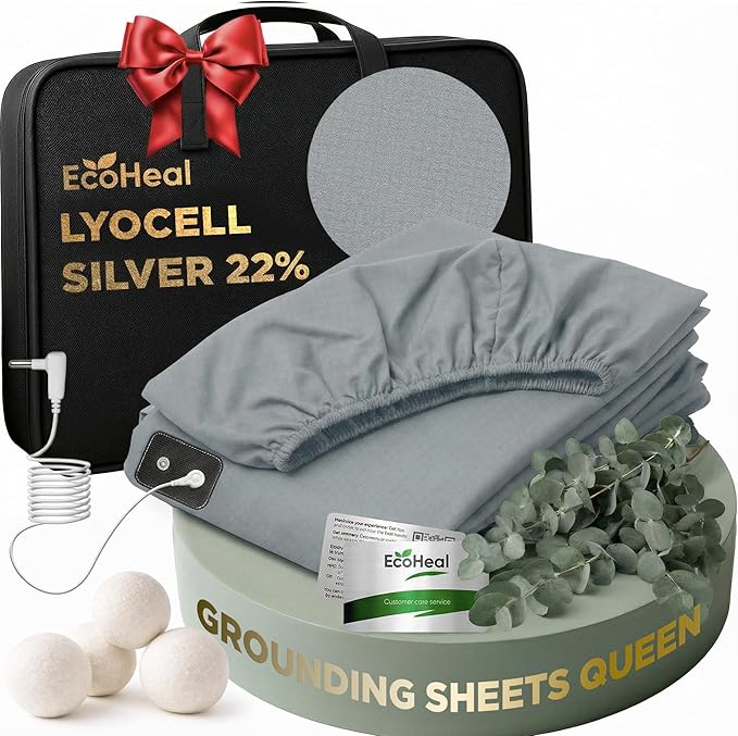 Luxury Lyocell Grounding Sheets Queen 22% Silver Fiber, 74% Cooling Lyocell, 4% Silk, Quality Certified - Conductive Earth Fitted Sheet 15" Deep w/Wash Bag & Wool Dryer Balls, Cloud Gray