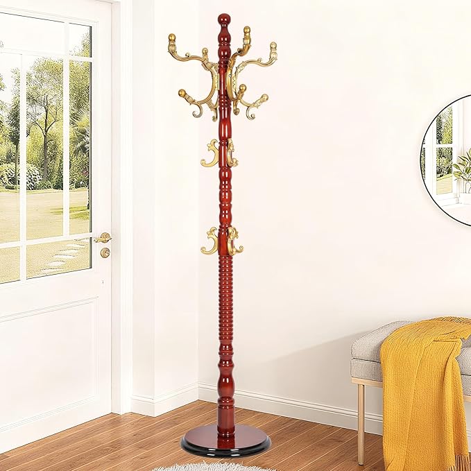 Freestanding Coat Rack with 12 Hooks, Sturdy Wooden Hall Tree for Entryway, Heavy-Duty Disc Base,for Hanging Hats, Jackets, Bags, Easy Assembly for Bedroom, Hallway, Office