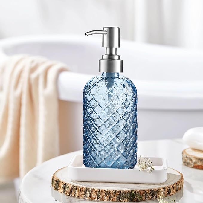 14 Oz Refillable Glass Soap Dispenser with Rust Proof Stainless Steel Pump, for Dispense Hand soap, Body wash, Lotion (Blue)