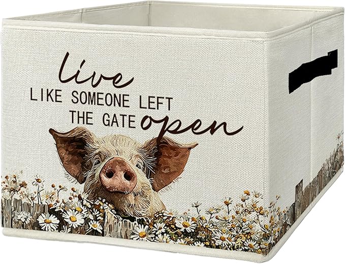 Rustic Pig Storage Bins & Boxes with Handles, Farmhouse Pig Foldable Basket for Organizing, Live Like Someone Left the Gate Open Collapsible Storage Basket for Bedroom Bathroom Clothes Toys