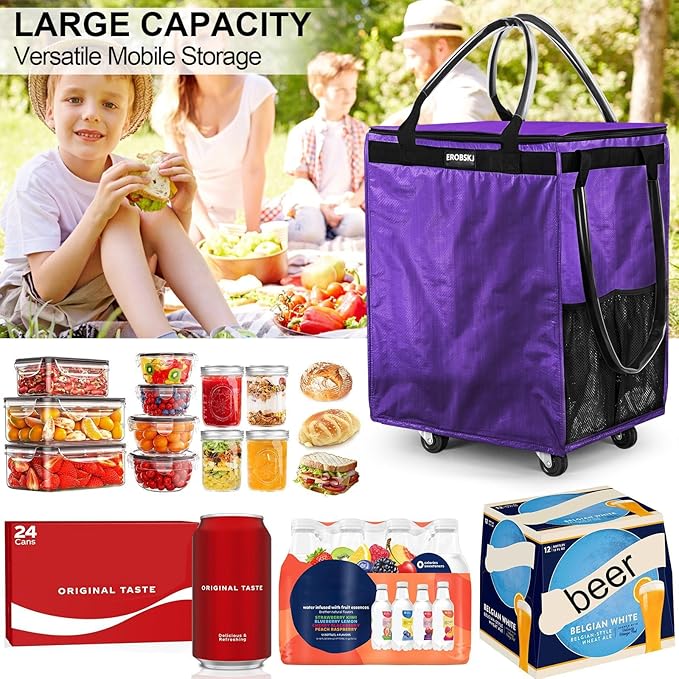 (Medium,Purple) Reusable Grocery Bag on Wheels, 70L Foldable Rolling Tote, Carries Up to 66 lbs Shopping Trolley, Zipper Clouser Shopping Carts for Trips, Laundry, 4 Heavy Duty Wheels and 3 Handles