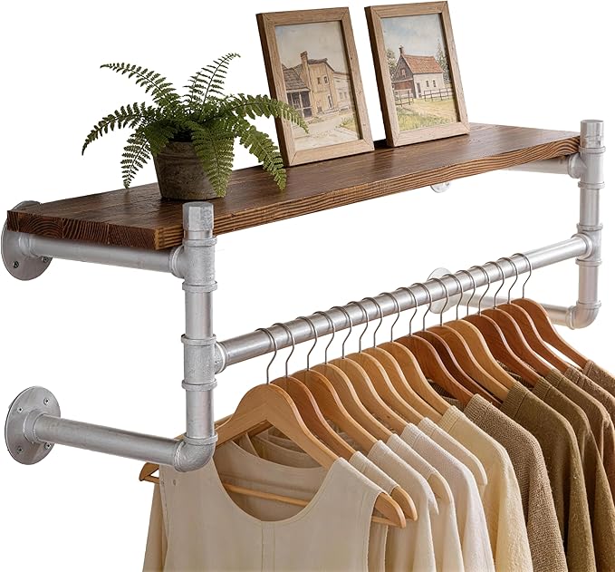 WEBI Wall Mounted Clothes Rack with Shelf,36" Industrial Pipe Clothing Rack with Shelf with Hanging Rod,Heavy Duty Iron Garment Rack Bar,Retail Display Clothes Rod for Laundry Room,Closet,Silver