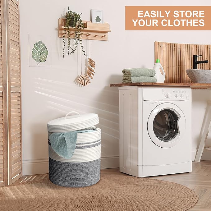 Laundry Hamper with Lid, Woven Laundry Basket，Blanket and Toy Storage Basket for Living Room, Bedroom, Bathroom, Nursery（Grey and White，40L）