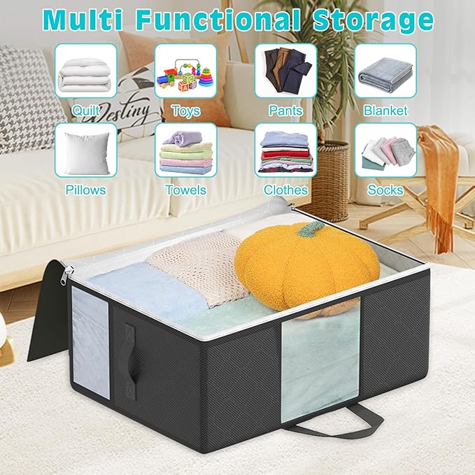 8Pack 105L Extra Large Blanket Comforter Storage Bags, Foldable Storage Bags for King Comforter Bedding Pillow Sheet Clothes with Handles Zippers Clear Window Closet Organizers and Storages, Black