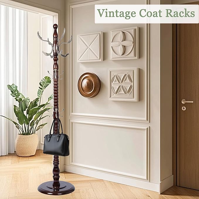 Coat Rack Freestanding,Solid Wooden Coat Rack Stand with 3 Height Options,14 Hooks, Natural Birch Coat Tree Easy to assemble for Clothes Jacket Hat bag Entryway (mahogany) (Nostalgic)