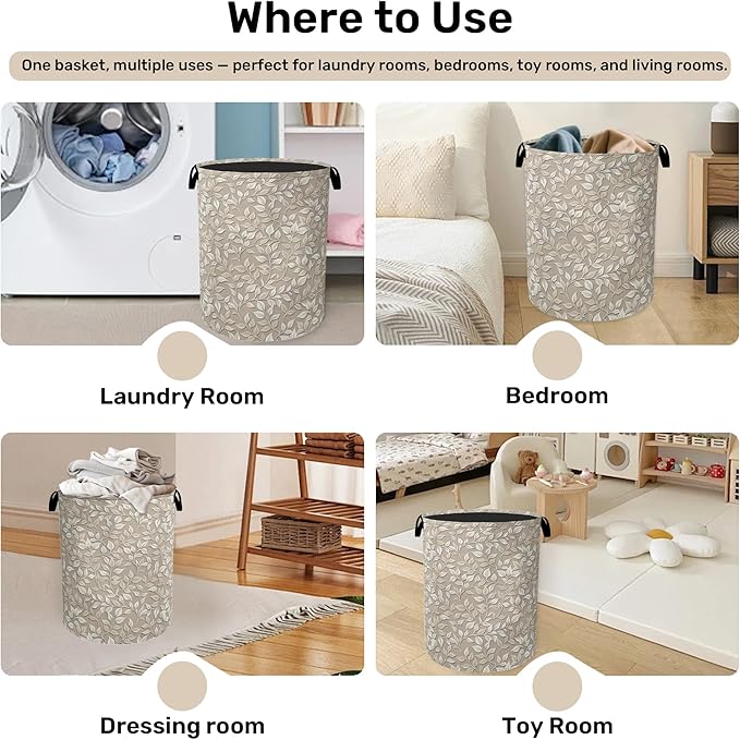 Beige Leaves Modern Laundry Basket - Heavy Duty 60L Dirty Clothes Organizer, Water Resistant Foldable Hamper for Men Women