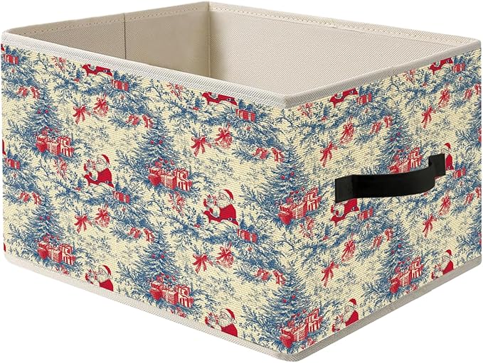 Red and Blue Chinoiserie Christmas Santa Storage Bin Box with Handles, Grandmillennial Xmas Tree Winter Holiday Foldable Organizer Basket Toybox for Home Bedroom Bathroom Clothes Toys Books