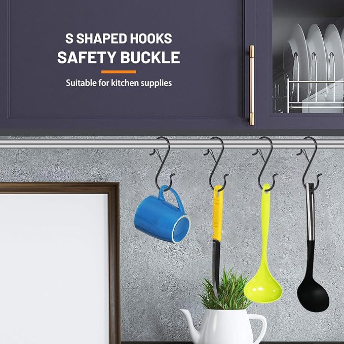 24 PCS S Hooks for Hanging with Safety Buckle, 3.5 inch Heavy Duty Metal S Shaped Hooks for Kitchen Utensil, Cups, Pots, Plants, Bags, Hats (Black)