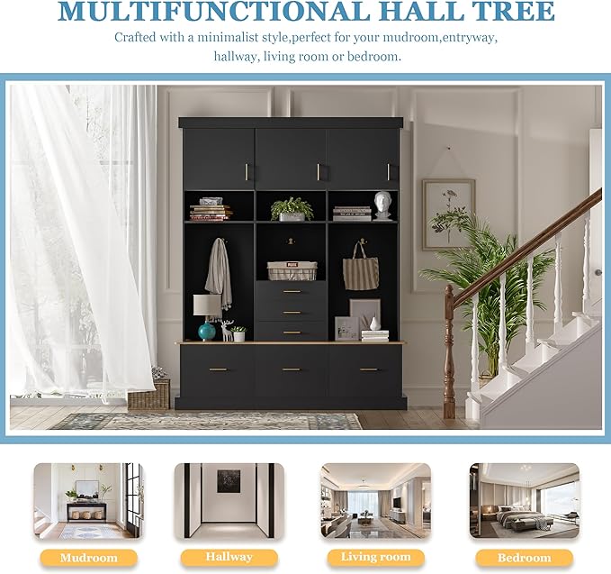 Modern 58'' Wide Hall Tree with Bench and Storage, 5-in-1 Wood Hall Tree with Coat Rack, 6 Drawers, 3 Cabinets and 3-Tier Top Storage for Hallway, Entryway, Living Room, Mudroom (Black-10.15)