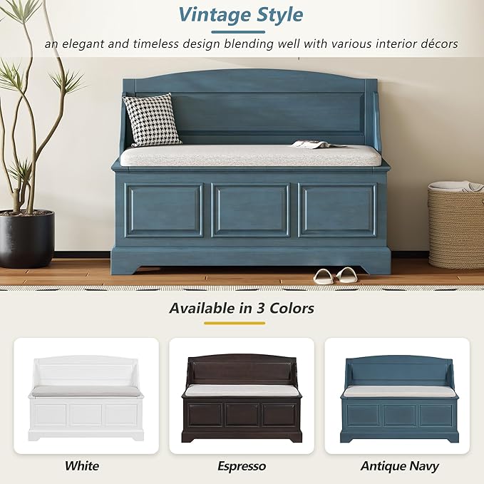 LUMISOL Shoe Storage Bench with Cushion, Farmhouse Entryway Bench with Soft-Close Devices and Hidden Storage, Upholstered Storage Ottoman for Living Room, Entryway, Bedroom, Antique Navy